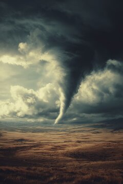 Dramatic Tornado Touching Down in a Vast Open Field under a Stormy Sky Wide Angle Shot