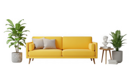 Modern yellow sofa, indoor plants, and elegant decorative elements isolated on transparent background