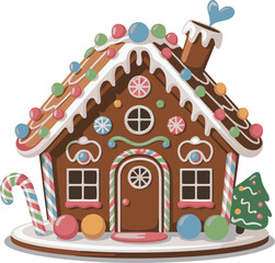 vector art of gingerbread house with christmas tree and gifts