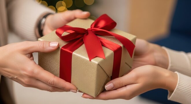 Hands carefully present a gold gift box adorned with a vibrant red ribbon offering a moment of celebration and thoughtfulness