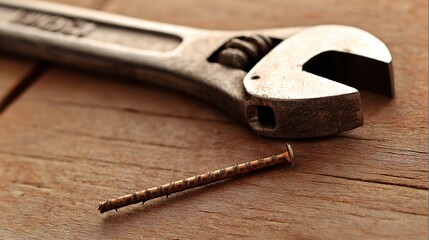 misuse. Wrench with a dented jaw resting beside a bent nail on a wooden surface under soft side lighting. safety posters.