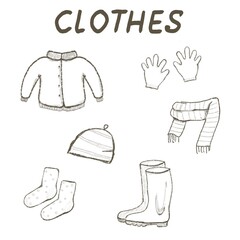 Fototapeta premium illustration of clothes, autumn, fall, winter clothes for children, kids, colouring page