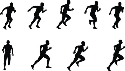 Dynamic running man silhouette collection, athletic movement poses, vector sports illustration for fitness design, training concepts, digital artwork resources