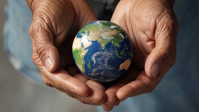 Elderly Hands Holding a Small Globe (Model of Planet Earth).