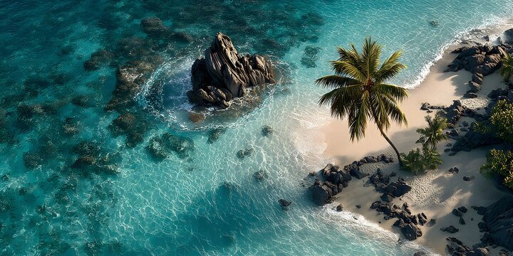 Aerial view of tropical beach with clear blue water natural rocky formations palm tree white sandy shoreline scenic coastal landscape