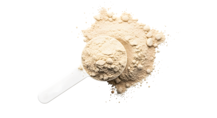 White scoop filled with beige protein powder and scattered powder isolated on a transparent background