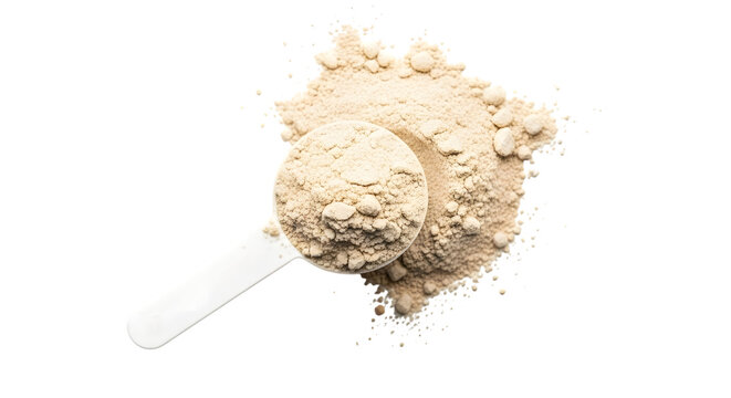 White scoop filled with beige protein powder and scattered powder isolated on a transparent background