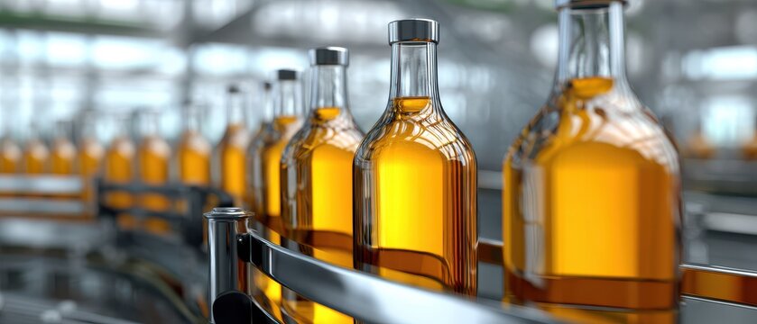 Bottled liquid on production line, close-up view of glass bottles filled with golden liquid moving on conveyor belt in factory