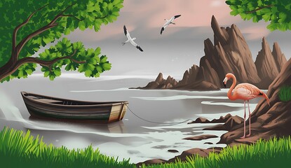 Pink flamingo by calm water with rowboat and flying birds lake