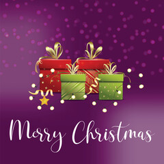 Merry Christmas poster or greeting card. Trendy modern design with gifts, vector illustrations