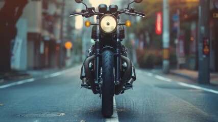 A powerful motorbike on an empty city street at dusk conveys a sense of freedom, perfectly complementing the main background for transport or travel advertising.

