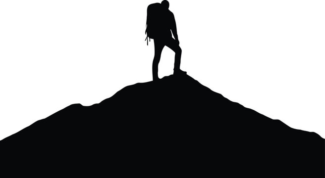 Silhouette of a triumphant adventurer reaching the mountain summit, symbolizing personal achievement and the successful completion of a challenging journey