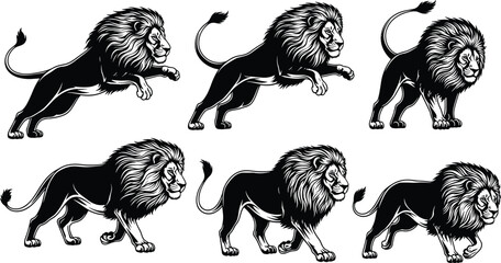 Powerful lion silhouette illustration collection, roaring, walking, running, detailed wild animal artwork for logo design, tattoo style, wildlife decoration © Biplob Creatives
