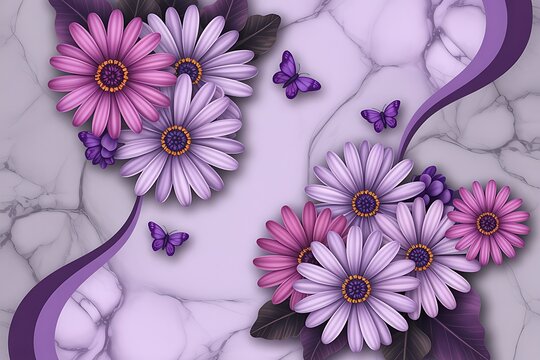 Purple daisies and butterflies on a marbled background pink flowers