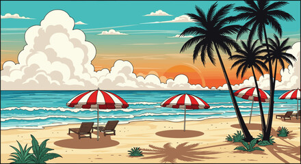 Obraz premium Tropical beach vector illustration with palm trees, red umbrellas, lounge chairs, blue ocean waves, and sunset sky for summer vacation.