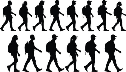 Silhouette collection of men and women walking with backpacks, representing travelers, hikers, commuters and students in various poses for vector design projects
