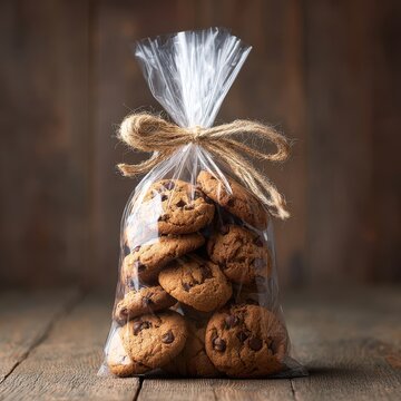 Chocolate chip cookies in clear bag on wooden table top view sweet treat homemade bakery gift rustic style