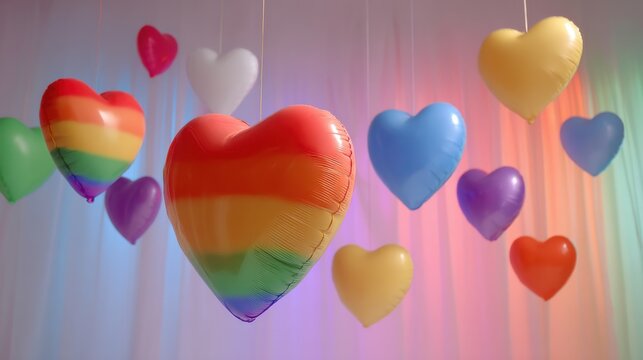 Colorful Heart Balloons Floating Against a Soft Backdrop Celebration of Love and Diversity Pride Month Celebration