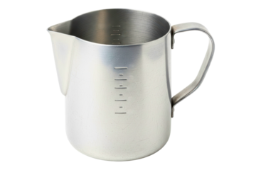 Stainless steel milk frothing pitcher for a coffee shop barista isolated with transparent background