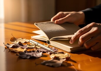 Hands turning pages of a fabric notebook next to pen and leaves