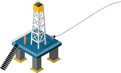 Isometric illustration of offshore oil drilling platform with worker on deck, industrial energy production structure, petroleum engineering concept design