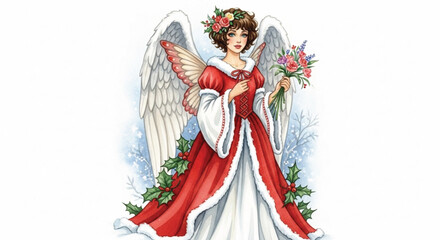 Watercolor Christmas Angel in Red Dress Holding Floral Bouquet