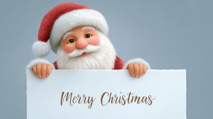 Santa claus character holding merry christmas sign on light blue background
