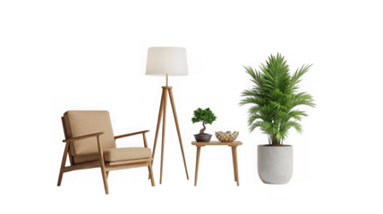 Cozy modern living room interior furniture set with green plants isolated on transparent background