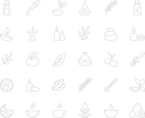 Minimalist Spa & Aromatherapy Line Icons – 30 Thin Outline Symbols of Essential Oils, Candles, Leaves, Relaxation, Wellness, and Natural Therapy