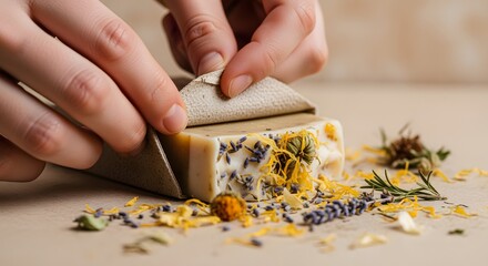 Person peeling back the packaging of natural handmade soap