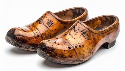 Traditional Wooden Clogs with Floral Vine Patterns on Polished Brown Surface Representing Cultural Craftsmanship