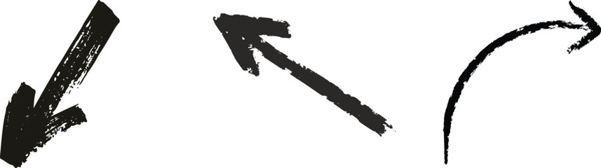 Brush, marker drawn bold arrows set. Collection of hand drawn doodle thick arrows in different directions. Collection of hand drawn black arrows in various directions on a white background in a icon
