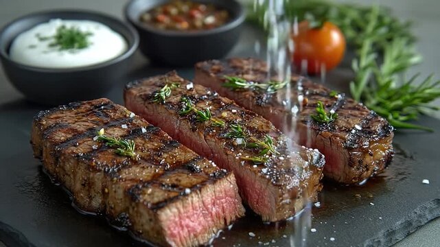 A single steak cut into four equal pieces served on a black plate