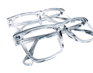 Clear, squared eyeglasses stacked
