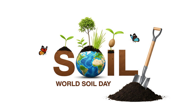 World soil day concept with globe growing plants and shovel symbolizing earth and agriculture