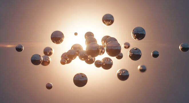 Dynamic metallic spheres levitating in a radiant golden light, creating an abstract and futuristic visual of scientific particles in motion and energetic flux