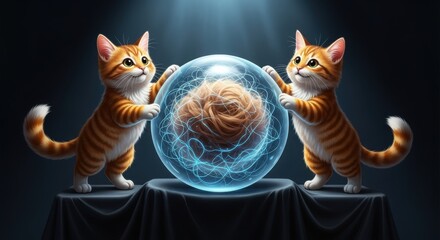 Two adorable orange tabby kittens guarding a mystical glowing orb containing a swirling nebula