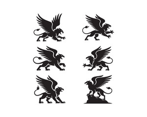 griffin silhouette, griffin vector, griffin collection, griffin set, winged creature silhouette, powerful griffin art, griffin icon collection, 