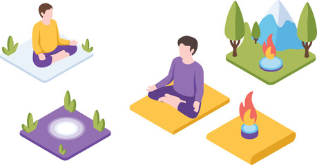 Isometric illustration of people meditating with nature, fire, and light elements, concept of mindfulness, yoga, and spiritual energy balance