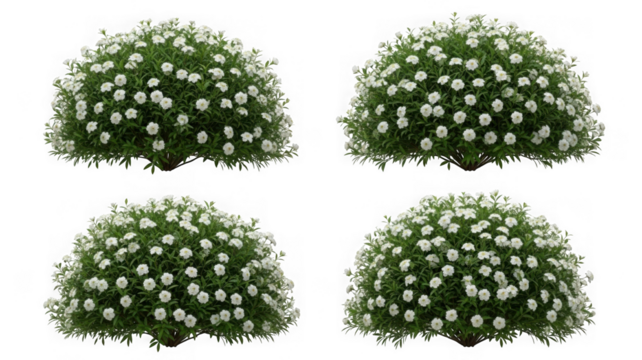 Four round bushes with small white flowers and green foliage isolated on transparent background