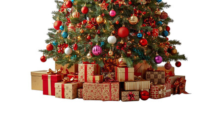Festive Christmas tree with vibrant ornaments and a pile of beautifully wrapped presents on a transparent background, perfect for holiday season designs, cards, and promotions. PNG.