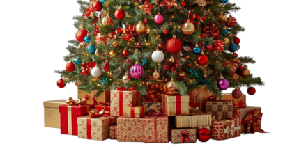 Festive Christmas tree with vibrant ornaments and a pile of beautifully wrapped presents on a transparent background, perfect for holiday season designs, cards, and promotions. PNG.
