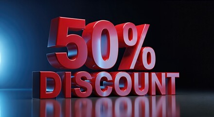 Bold red 50% discount text displayed prominently against a dark background, conveying excitement for Christmas sale and New Year discounts with vibrant visual appeal