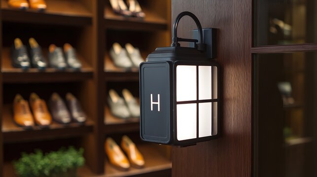identification. Elegant house nameplate on a wooden door beside a neatly arranged shoe rack. lifestyle magazines, social media lookbooks, designed for lifestyle magazines and social media content.
