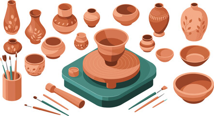 Isometric illustration of pottery wheel with handmade clay ceramics, cups, vases, plates, and crafting tools for artisan workshop design
