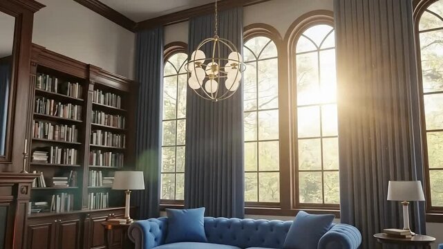 Luxury home library design with fireplace and blue furniture interior design inspiration ideas on transparent background