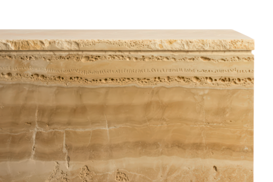 Beige travertine stone slab with rough edges and porous texture isolated with transparent background