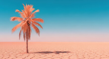 A solitary sun drenched palm tree casts a long shadow across a dry cracked desert landscape under a clear blue sky