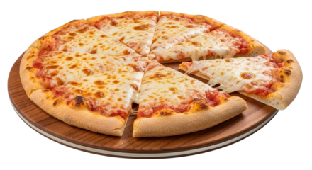 Whole cheese pizza with melted mozzarella and tomato sauce on a wooden board isolated on a transparent background