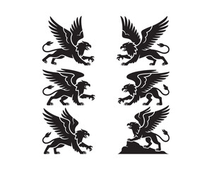 griffin silhouette, griffin vector, griffin collection, griffin set, winged creature silhouette, powerful griffin art, griffin icon collection, 